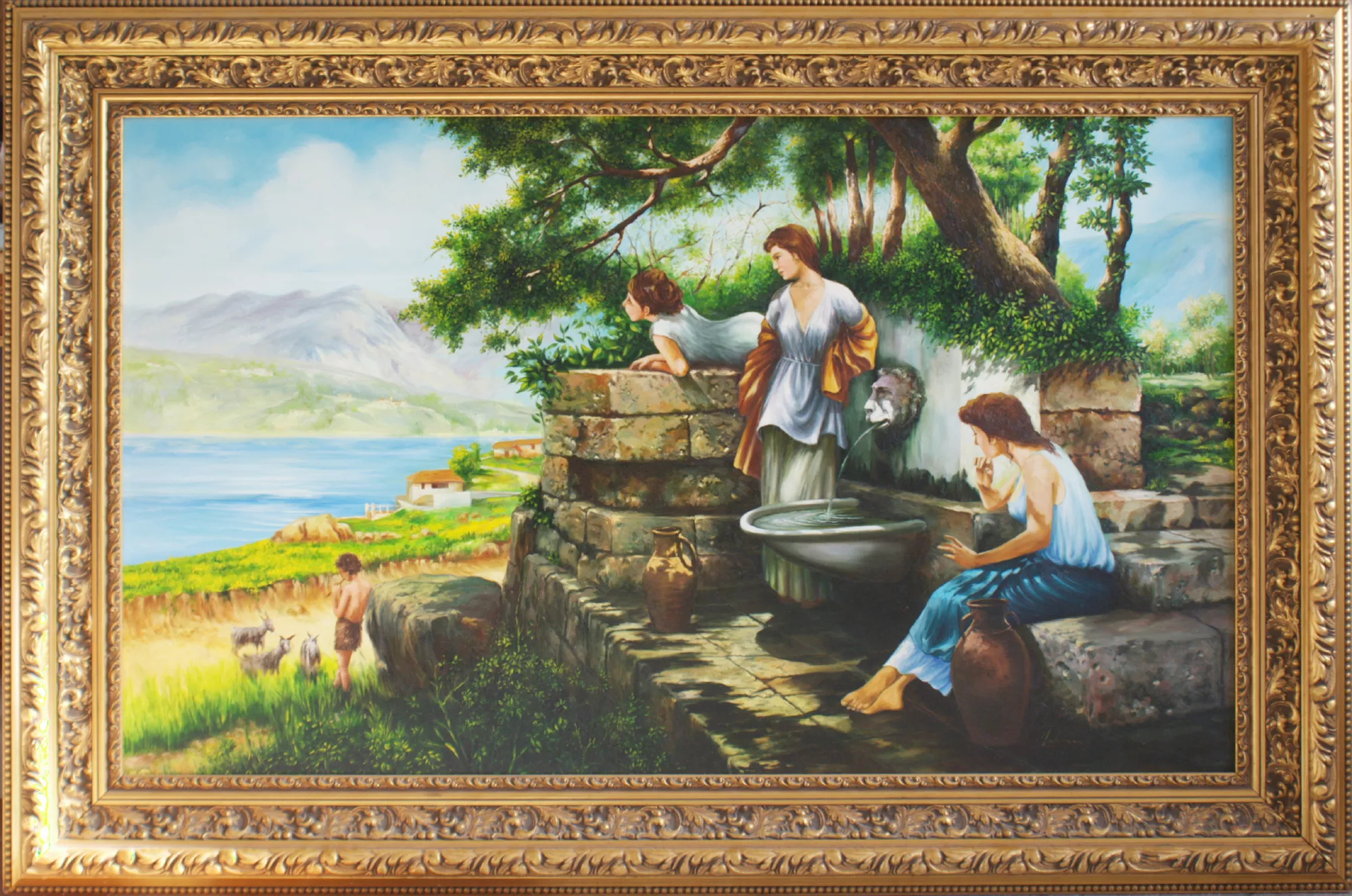 Donne-alla-fontana-Aly-Mohsen "Quadro di Ay Mohsen realizzato ad Olio con pennello. Il titolo è Donne alla fontana e rientra nella categoria C'era una volta. In Donne alla fontana Aly Mohsen realizza una copia pittorica dichiarata ispirata al celebre dipinto By the Spring di Henryk Siemiradzki, affrontando con rigore tecnico e consapevolezza storica una scena di vita quotidiana di ampio respiro narrativo. L’opera si colloca nel solco della tradizione figurativa europea, rielaborata attraverso una sensibilità attenta alla chiarezza compositiva e al racconto corale. La fontana in pietra costituisce il fulcro compositivo e simbolico del dipinto: luogo di incontro, di attesa e di condivisione, essa richiama i temi della memoria collettiva, della ciclicità della vita e del ruolo sociale degli spazi comuni. Attorno ad essa si dispongono le figure femminili, colte in gesti naturali e misurati, immerse in una quotidianità priva di idealizzazione retorica. Le diverse posture e relazioni tra le figure delineano una scena equilibrata e leggibile, in cui l’acqua che scorre assume valore metaforico di continuità generazionale e stabilità culturale. Il paesaggio aperto sullo sfondo, con il lago, le colline e la presenza pastorale, amplia la narrazione e radica la scena in un contesto rurale armonioso, scandito dai ritmi della natura. La luce chiara e diffusa unifica l’insieme, modellando figure e architetture con gradualità e ordine. La tavolozza equilibrata, dominata da verdi luminosi, azzurri e toni caldi della pietra, dialoga con una pennellata controllata e attenta alla resa materica, confermando la solida impostazione tecnica dell’artista. Pur trattandosi di una copia ispirata a un modello storico, l’opera restituisce efficacemente il clima contemplativo e narrativo della pittura ottocentesca, evidenziando l’interesse di Aly Mohsen per lo studio dei grandi maestri e per la trasmissione della tradizione figurativa. Il dipinto è completato da una cornice dorata originale, ampia e finemente lavorata, che ne rafforza la presenza espositiva e il carattere di gusto museale."