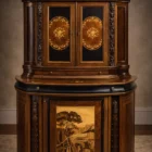"Artwork by Aly Mohsen executed in the marquetry technique. The title is Mobile del ponte vecchio (Inlaid artistic cabinet depicting the Ponte Vecchio of Ivrea) and it belongs to the category Monumental Cabinetmaking. The Credenza del Ponte Vecchio di Ivrea is an inlaid and carved artistic cabinet conceived as a unique work of high-level cabinetmaking, in which figurative tradition, authorial woodworking, and landscape reference of an identity-based nature converge. The piece presents itself as a complex three-dimensional artifact, where architectural structure, sculptural decoration, and marquetry are integrated into a coherent and unified whole. The structure is made of solid mahogany and walnut burl, used for the load-bearing elements and the main surfaces, with an alternation of compact areas and irregular grain patterns that articulate the overall volume. The sides feature hand-carved walnut sculptural elements, depicting stylized figures integrated vertically into the uprights. These carvings reinforce the cabinet’s plastic and monumental character and recall the European tradition of figurative wood carving. The upper edge and the drawer are executed in ebony, introducing a clear chromatic contrast with the warmer tones of the main structure. The upper doors are set against dark ebony grounds and enriched with polychrome floral inlays made of maple, walnut, green ebony, and cherry wood. These inlays are arranged in symmetrical compositions that establish a balance between decorative articulation and geometric order. The central element of the work is the large inlaid panel located in the lower section of the cabinet, depicting a view of the Ponte Vecchio of Ivrea. The landscape scene is constructed through a complex combination of wood species, including maple, walnut burl, light and dark walnut, and green ebony, employed to achieve tonal variation, spatial depth, and a controlled sense of light. The panel is enclosed within a rosewood frame that defines its perimeter and visually separates the image from the surrounding structure. The interior of the cabinet is fully finished and decorated, with panels featuring floral marquetry and surfaces enriched by radial geometric patterns and angular fields created through the juxtaposition of different wood species. The interior decorations are conceived as an integral part of the work and remain fully visible thanks to the presence of a glass shelf, which allows continuous visual access to the inlays when the cabinet is open. The cabinet is completed by a continuous structural framing that follows the upper and lower profiles of the piece, executed in a dark-toned wood with a uniform finish. This framing serves to visually contain the overall volume and to connect the various wooden surfaces into a coherent and unified composition."