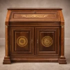 "Artwork by Aly Mohsen executed in the marquetry technique. The title is Scrittoio delle ghirlande (Writing desk with garlands – original Italian title) and it belongs to the category Monumental Cabinetmaking. The Scrittoio delle Ghirlande by Aly Mohsen is conceived as an inlaid and carved artistic writing desk, realized as a unique work of high cabinetmaking in which function and decorative articulation are integrated within an architectural structure. The piece is rooted in the tradition of monumental classical furniture, reinterpreted through rigorous design and careful material control. The supporting structure is made of Calabrian walnut from the Sila region, selected for its compactness, structural stability, and chromatic depth. The shaped side panels and the front columns in thuya burl introduce a vertical plastic rhythm, further defined by the presence of bronze decorative elements that articulate the junctions and reinforce the architectural reading of the piece. A central feature of the work is the garland-themed marquetry system, developed according to a continuous and symmetrical design. The inlay outlines are executed in maple, ebony, and rosewood, while the internal floral motifs employ a calibrated combination of maple, green ebony, light walnut, and dark walnut. Chromatic variation among the different woods is structured through tonal gradations and material balance, in constant dialogue with the wooden ground. The fall-front panel, hinged on the front, reveals an interior organized with compartments and drawers made of oak, a material chosen for its durability and for the visual contrast it provides with the exterior woods. The interior treatment maintains the same formal coherence and execution quality as the exterior, confirming the unity of the overall design. The upper surface and the perimeter edges function as a structural and visual frame, containing the decorative apparatus and defining the spatial limits of the composition, thereby contributing to the perceptual stability and compositional clarity of the writing desk."